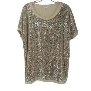 Entro Silver Sequin Party Top XL Short Sleeve Relaxed Fit New Years Round Neck